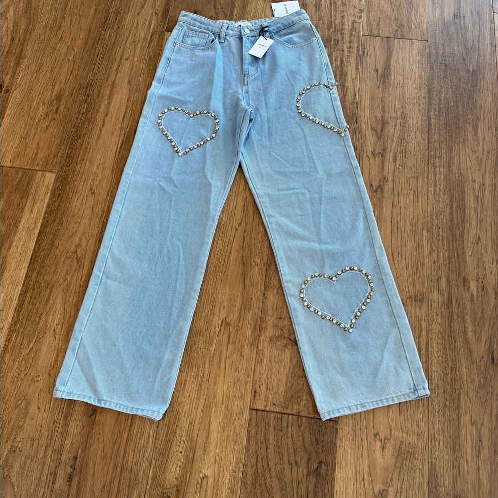 Forever 21 90’s Fit Light Blue Heart Accent Women's Wide Leg Jeans NWT